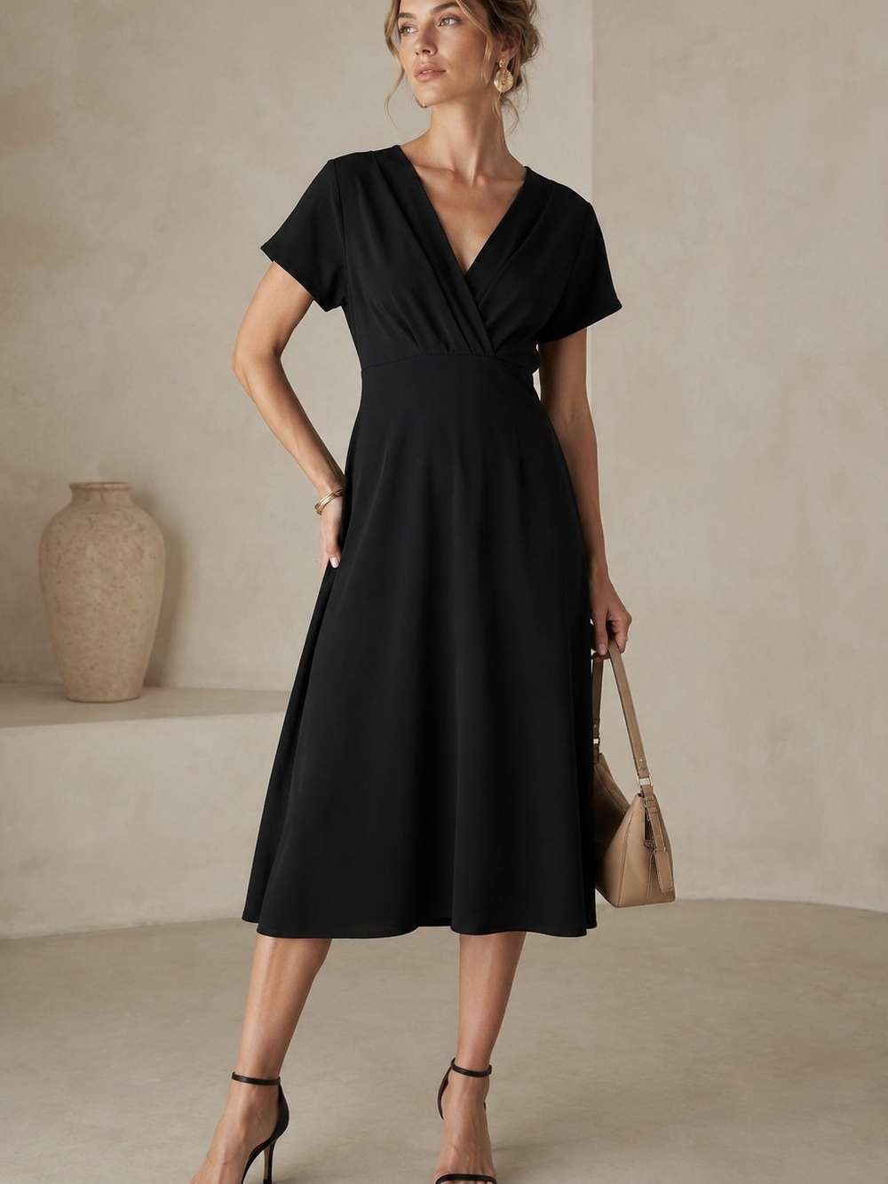 SHEIN Black L Midi Dress Minimalist Chic Fit & Flare Sz L Office Cocktail Party